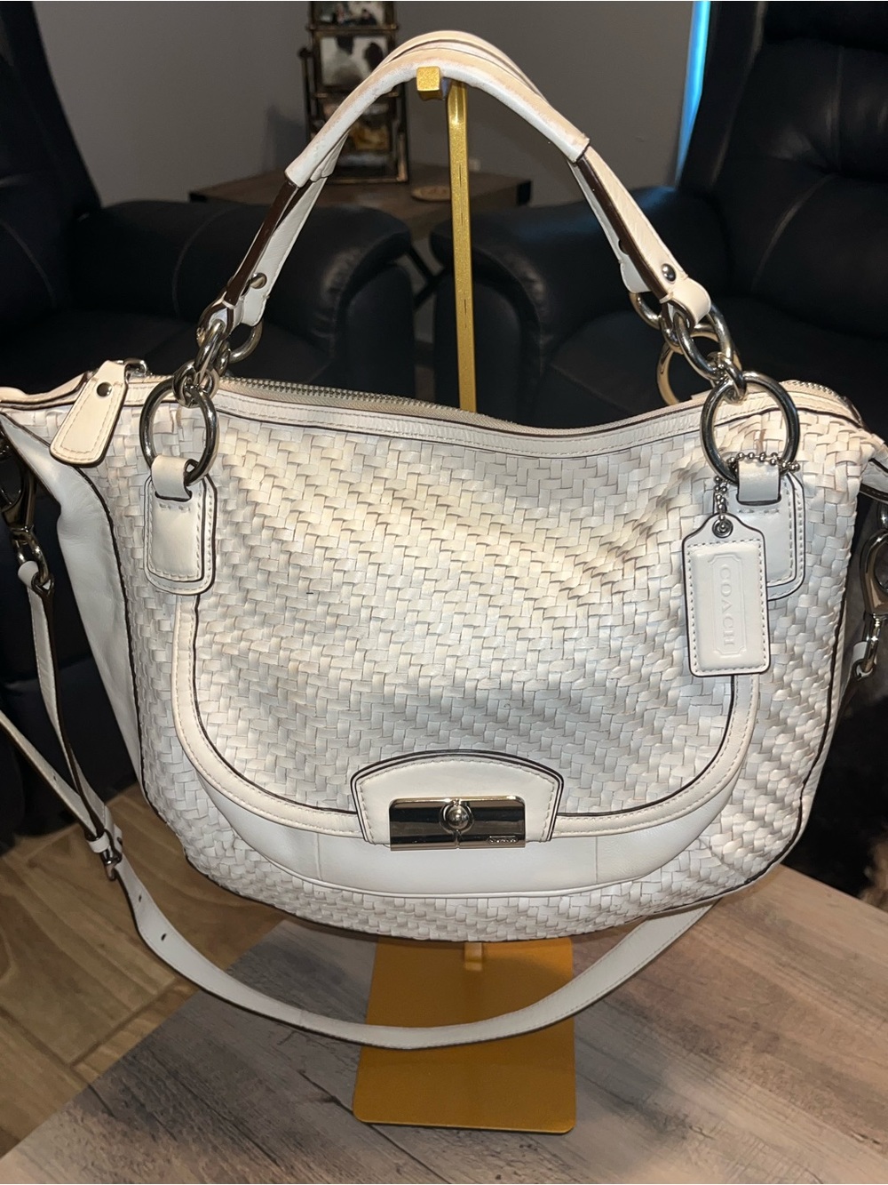 Coach Kristin Woven Leather Shoulder Bag in Off-White